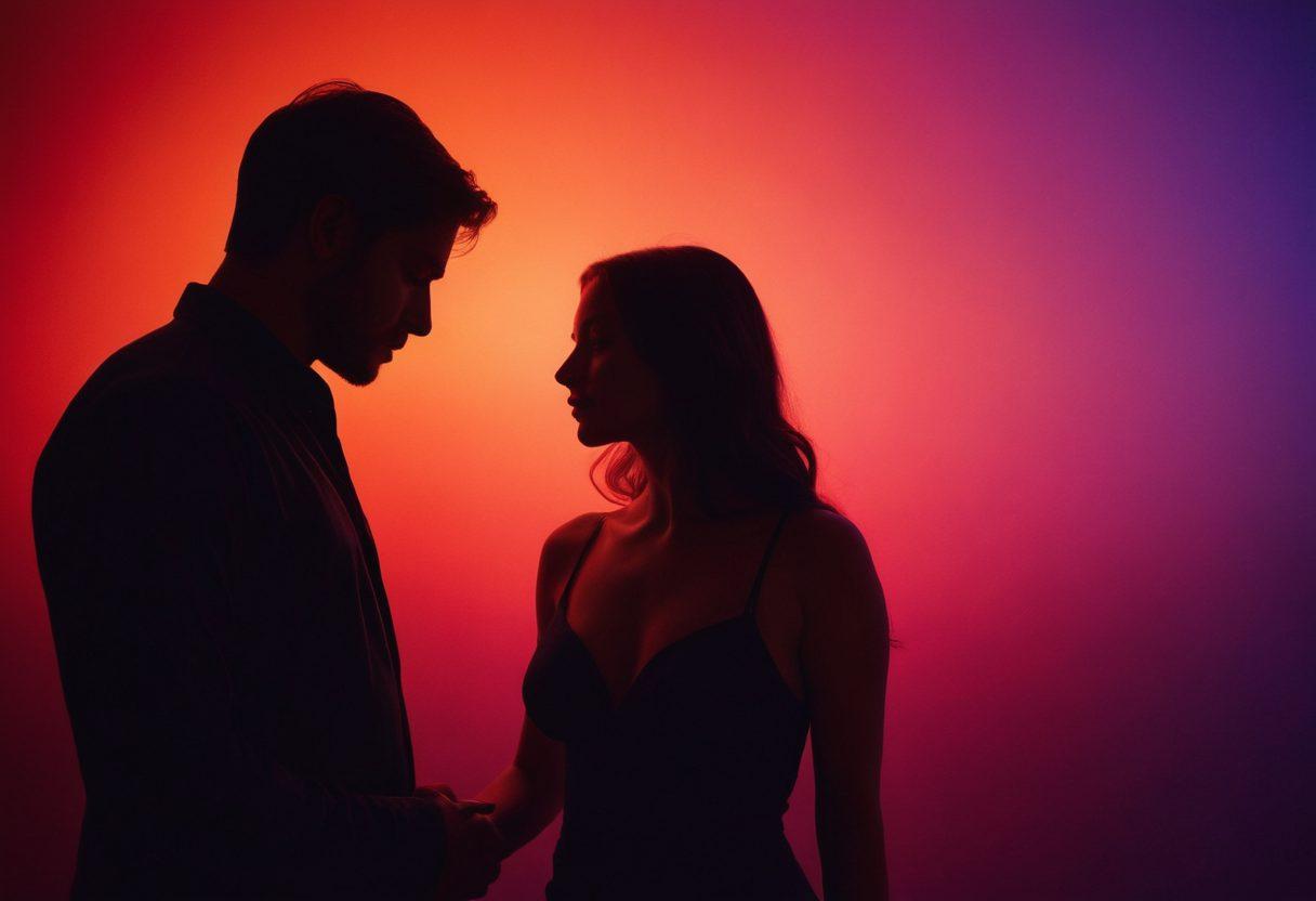 A visually intriguing gradient spectrum showcasing various types of adult entertainment, from soft sensual imagery transitioning into dynamic and explicit scenes. Include abstract representations of love, intimacy, and explicit content, depicted through artistic silhouettes. The background should evoke a sense of mystery and allure with rich, vibrant colors blending seamlessly into each other. Highlight the contrast between the different styles within the spectrum. vibrant colors. super-realistic.